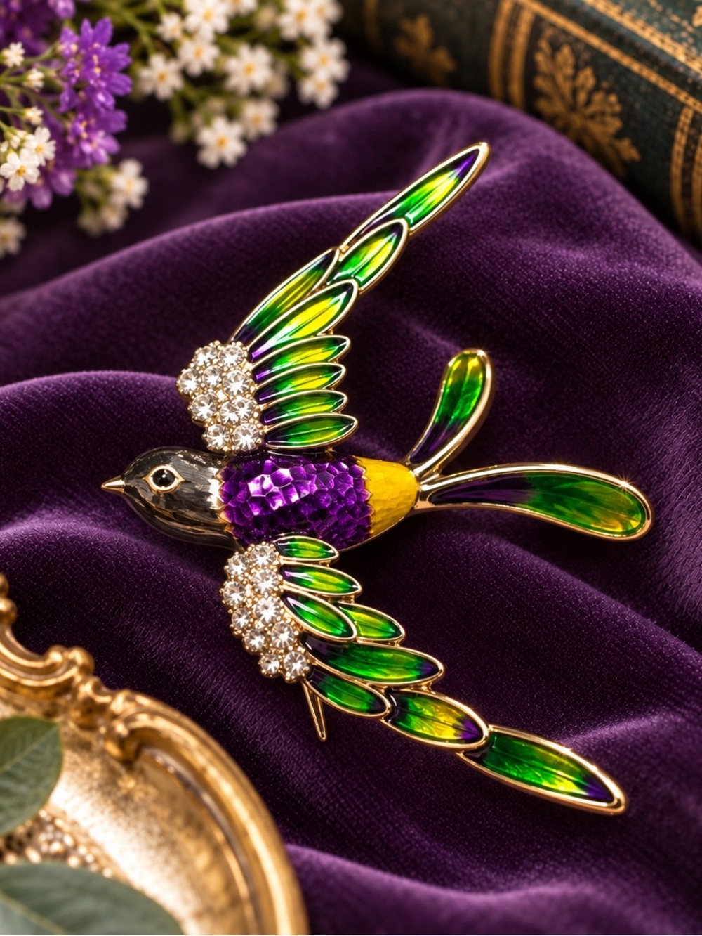 New Jeweled Bird Brooch Green Purple Enamel Rhinestone Gold Tone Pin